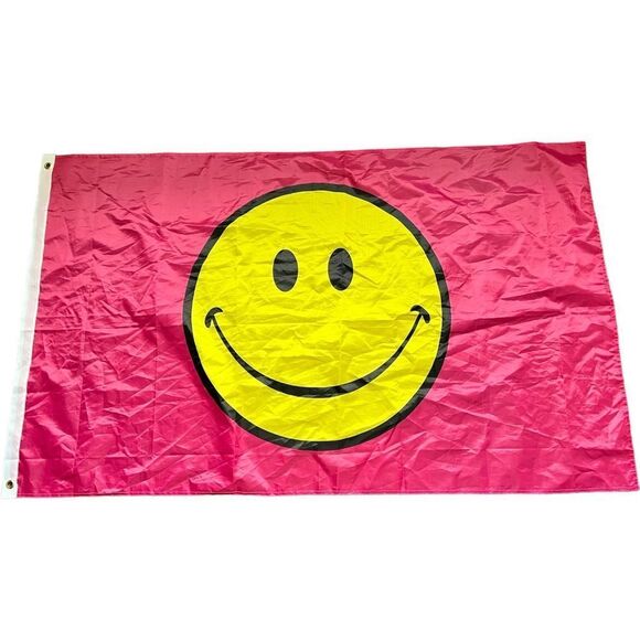 Happy Face Smiley Face Pink & Yellow Lightweight Flag. - Picture 1 of 4